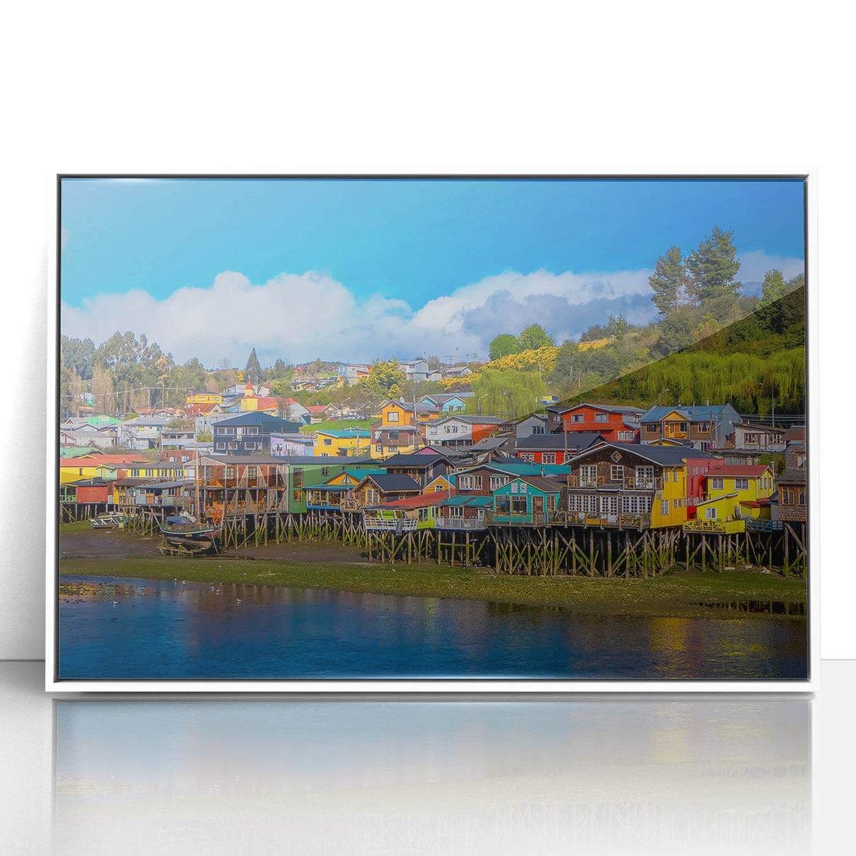 Acrylic print of Santiago skyline with muted earth tones in an art deco style, ideal for modern art wall decor.
