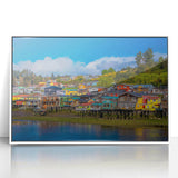 Acrylic print of Santiago skyline with muted earth tones in an art deco style, ideal for modern art wall decor.