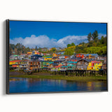 Black and white framed canvas of Santiago, Chile landscape in vintage poster style, ideal for bedroom decor.