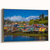 Framed canvas of Santiago, Chile landscape in vintage poster style with black and gold tones, ideal for bedroom wall art.