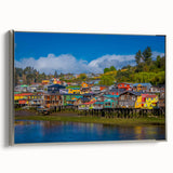 Framed canvas of a vintage-style Santiago landscape painting with colorful elements on a black background.