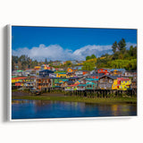 Vintage poster art of Santiago, Chile skyline in vibrant colors on a large framed canvas, ideal for living room decor.