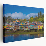 Panoramic view of Santiago, Chile on stretched canvas with vivid blue and green tones, suitable for kitchen wall art.