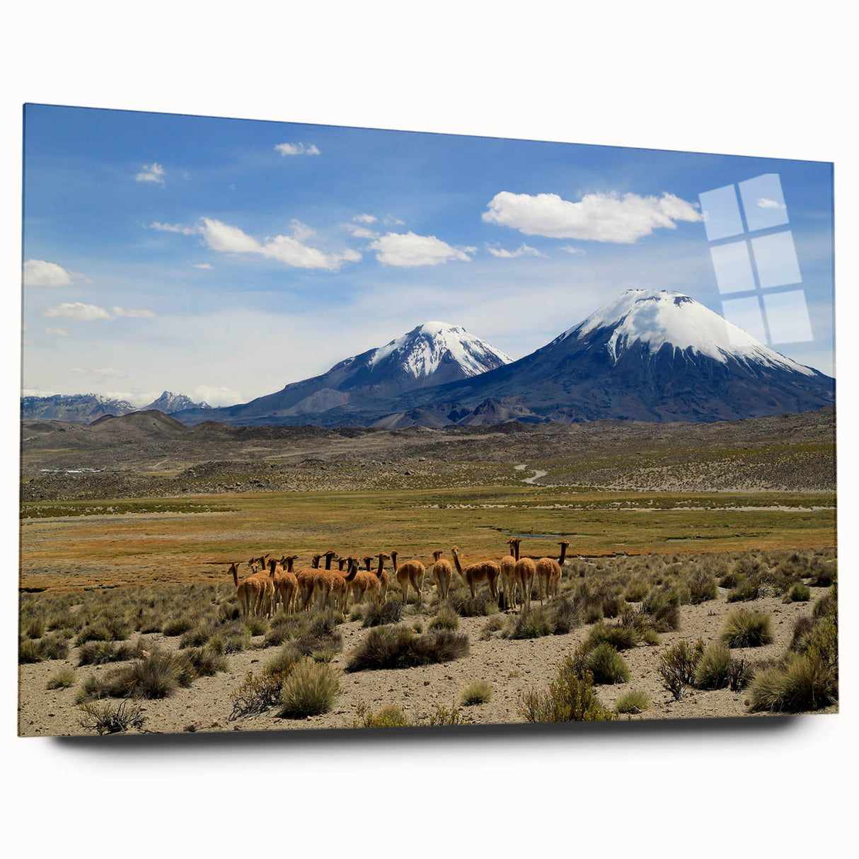 Acrylic print of a large abstract depiction of a Chilean landscape in muted earth tones.