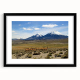 Extra large, textured abstract art print of a colorful South American scenery on a black framed canvas.