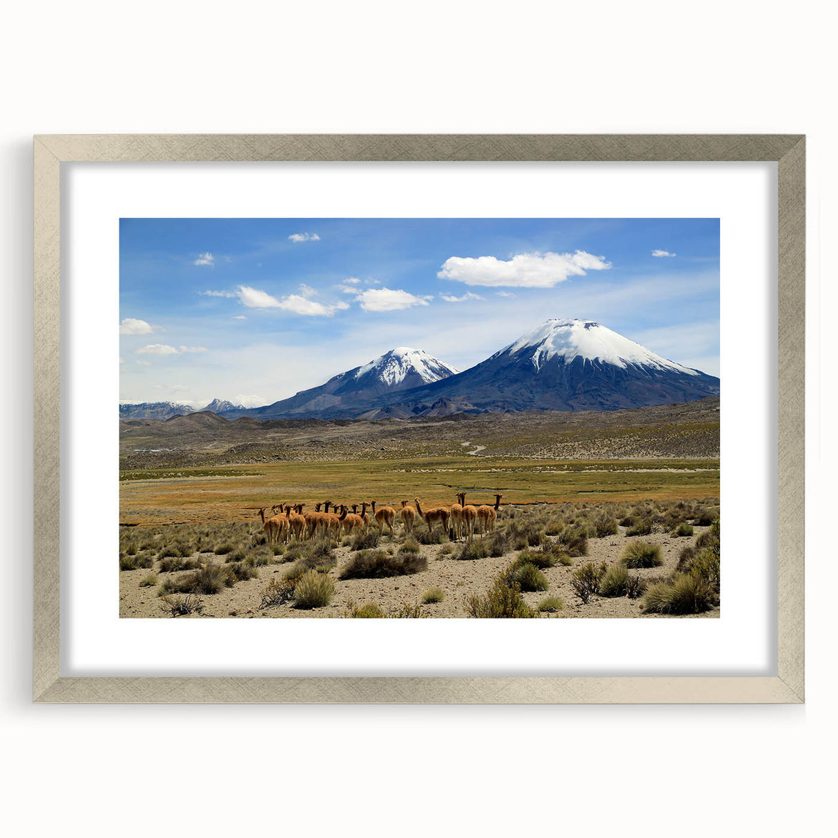 Textured art print of a Chilean landscape in abstract style with earthy tones, framed in silver, ideal for bedroom decor.