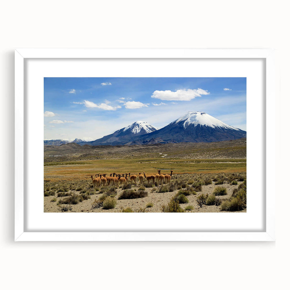 Abstract art print of a Chilean landscape in muted earth tones on a framed white mat, ideal for dining room decor.