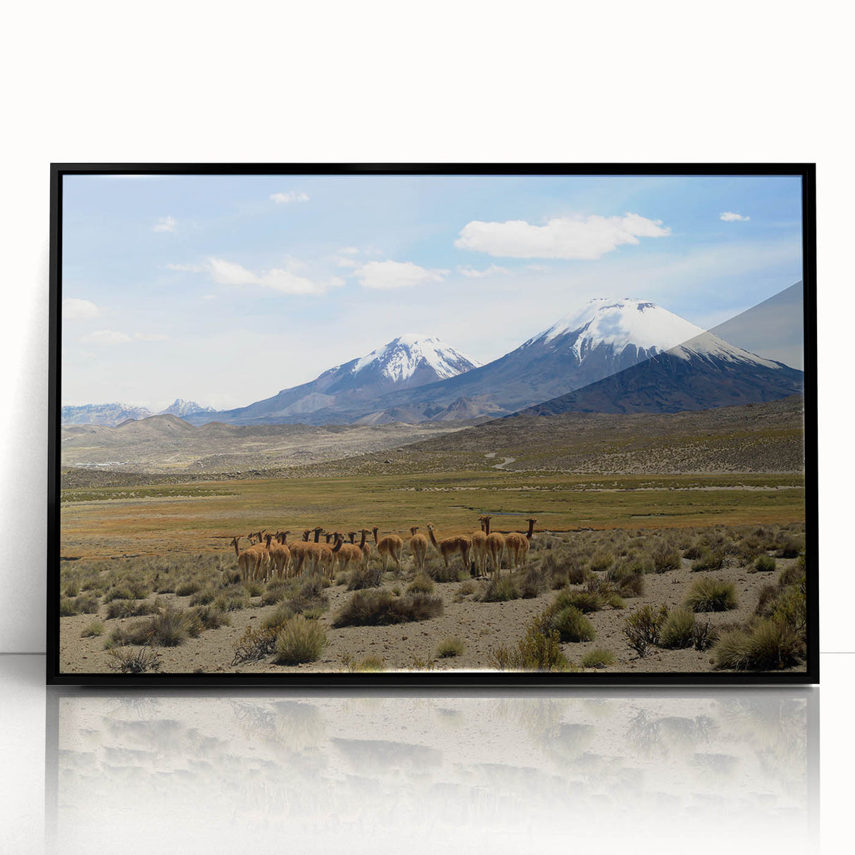 Large abstract wall art featuring a stylized depiction of a Chilean landscape in muted earth tones, framed in black acrylic.