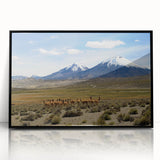 Large abstract wall art featuring a stylized depiction of a Chilean landscape in muted earth tones, framed in black acrylic.