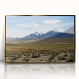 Framed acrylic print of a South American Chilean landscape in mid-century modernist style, featuring earth tones.
