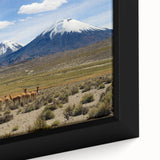 Black wall art featuring a textured depiction of a South American Chilean scenery in vibrant colors on a framed canvas.
