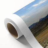 Art Deco poster of a Chilean landscape in muted earth tones on rolled canvas.