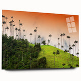 Large abstract wall art of a Colombian landscape in vibrant blues and greens.