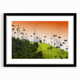 Extra large abstract art print of vibrant Colombian scenery on textured canvas, framed in black, ideal for living room decor.