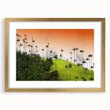 Extra large abstract art print depicting a textured Colombian landscape in earthy tones, framed in gold.