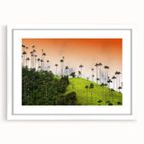 Abstract art print featuring a colorful depiction of a Colombian landscape on a white-framed canvas.