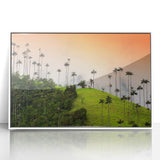 Art deco poster of a Colombian landscape in muted earth tones on a white framed acrylic.