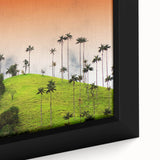 Black wall art featuring a textured depiction of a colorful Colombian landscape on a large framed canvas.