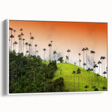 Vintage poster art of a scenic Colombian landscape on a framed canvas, featuring vibrant colors, ideal for living room decor.