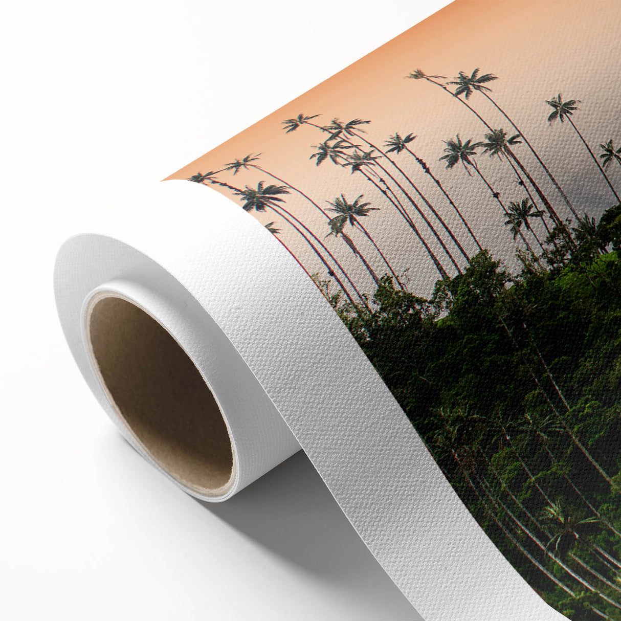 Art deco style poster of a Colombian landscape in pastel colors on rolled canvas.