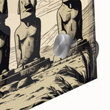 Mid-century modernist art of Easter Island statues in muted earth tones on acrylic glass, suitable for dining room art.