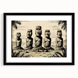 Extra large, textured abstract art print of Easter Island scenery in vibrant colors on a black framed canvas.