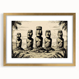 Extra large wall art of Easter Island statues in muted earth tones on a textured canvas, ideal for living room decor.