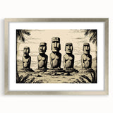 Textured art print of Easter Island statues in muted earth tones on a framed silver mat, suitable for bedroom decor.