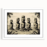 Abstract art print of Easter Island statues in muted earth tones on a framed white mat.