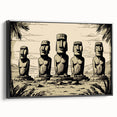 Black and white framed canvas of Easter Island landscape, featuring moai statues, in a vintage poster style.