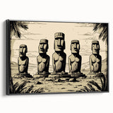 Black and white framed canvas of Easter Island landscape, featuring moai statues, in a vintage poster style.