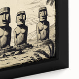 Close-up of black wall art featuring Easter Island statues in colorful, textured style on a framed canvas.