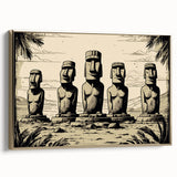Framed canvas depicting Easter Island statues in black, ideal for bedroom wall art with a vintage poster style.