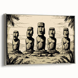 Framed landscape art painting of Easter Island statues in muted earth tones on canvas, ideal for a study or office.