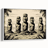 Vintage poster art of Easter Island statues in muted earth tones on a framed canvas, ideal for living room decor.