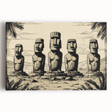 Black and white photo of Easter Island statues on stretched canvas, suitable for kitchen wall art.