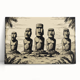 Black and white image of Easter Island statues on stretched canvas, ideal for kitchen wall art or bedroom ambiance.