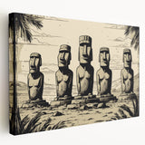 Easter Island statues print on stretched canvas with earthy tones, ideal for kitchen wall art.