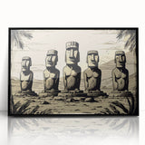 Large abstract wall art featuring Easter Island statues in muted earth tones, framed in black acrylic.