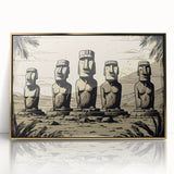 Framed acrylic print of Easter Island statues in muted earth tones, suitable for modern art wall decor.