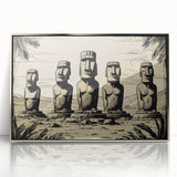 Mid-century modernist art depicting Easter Island statues in muted earth tones on a silver-framed acrylic print.