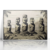 Art deco poster of Easter Island statues in muted gray, ideal for modern nursery wall decor, acrylic framed.