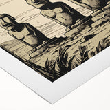 Art deco poster featuring Easter Island statues on a rolled canvas, in muted earth tones, suitable for dining room decor.