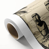 Art deco poster of Easter Island scenery on rolled canvas, featuring muted earth tones, suitable for nursery wall art.