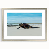Textured abstract art print of a Galapagos scenery in muted earth tones, framed in silver, ideal for bedroom art.