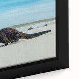Extra large framed canvas featuring a textured depiction of the Galapagos islands in muted black and vibrant colors.