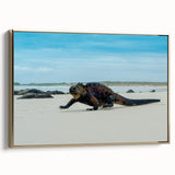 Framed canvas wall art depicting a vintage-style landscape of the Galapagos Islands with black and gold tones.
