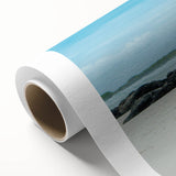 Art deco poster of Galapagos scenery on rolled canvas, featuring soft blue and green tones, ideal for nursery wall art.