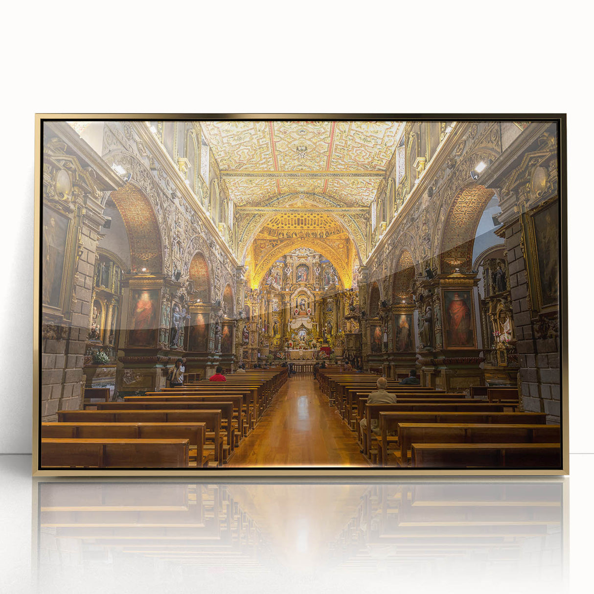 Acrylic print of a South American landscape in gold frame, featuring muted earth tones, ideal for modern art wall decor.