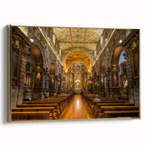 Framed canvas featuring a vintage-style landscape painting of an Ecuadorian scene, in muted gold and black tones.